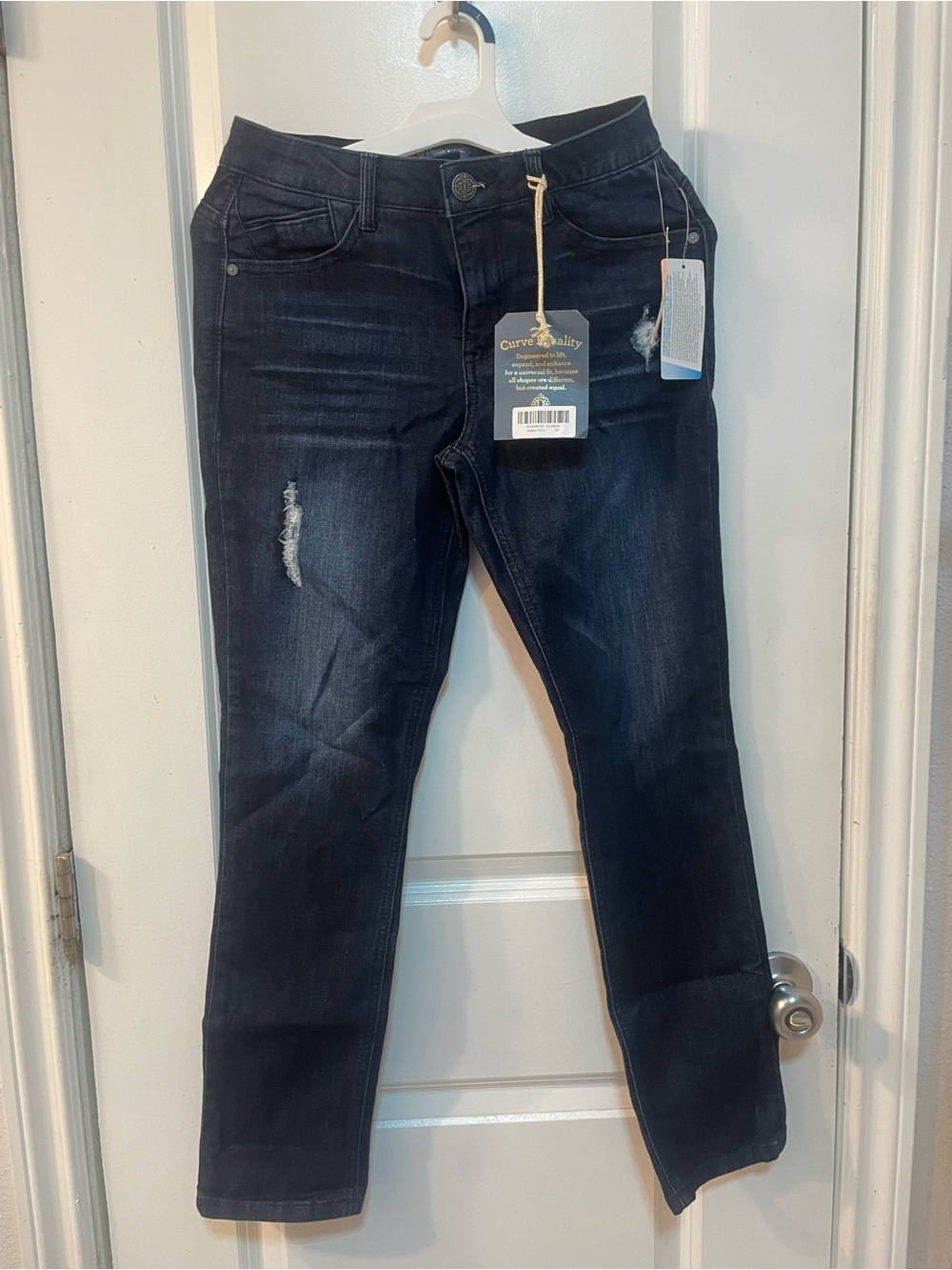 Democracy Women’s Dark Wash Skinny Jeans with Distressing